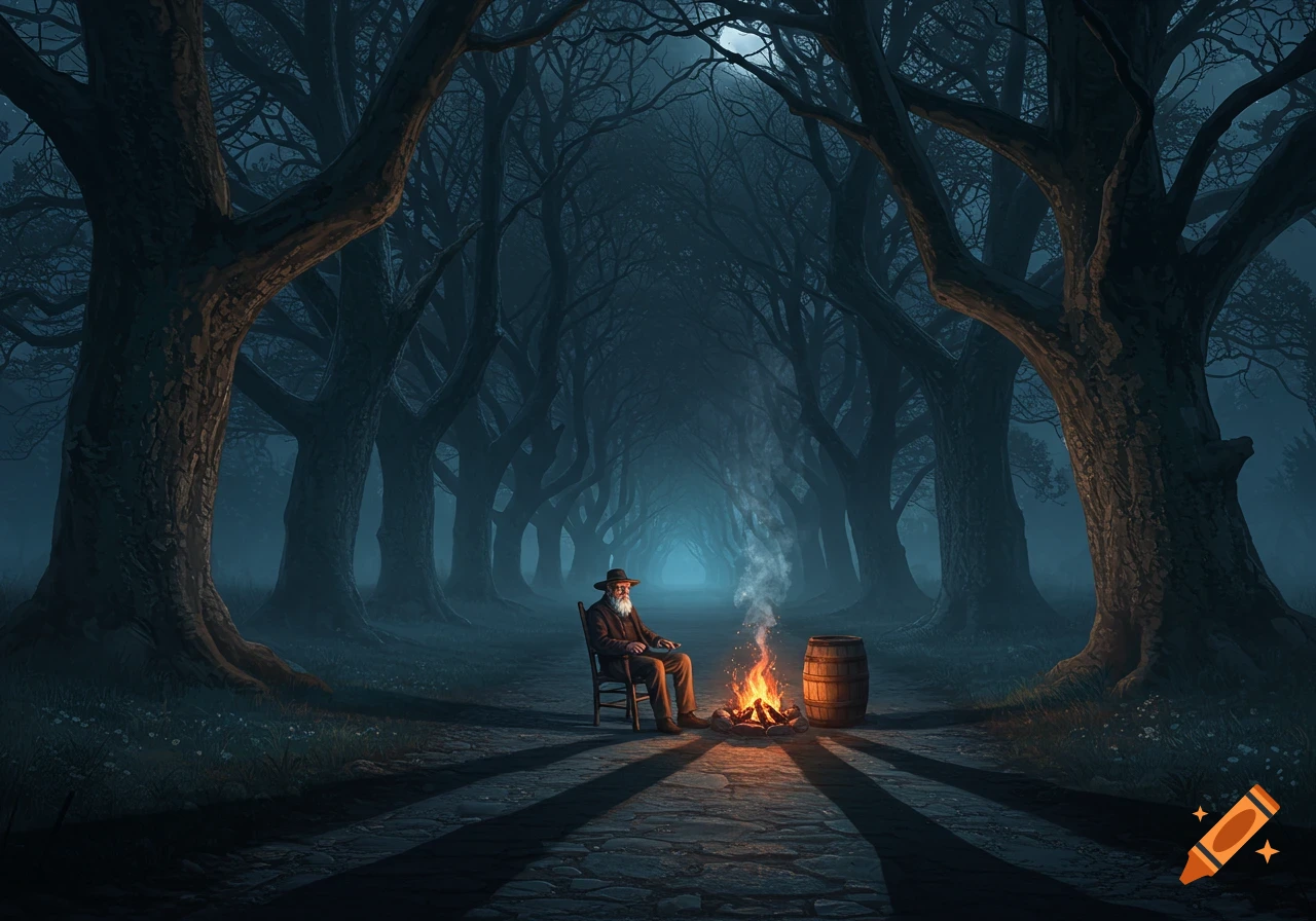 An old man with a long beard sits on a chair by a barrel fire on a paved road lined with large, dark trees in a foggy, mystical night.