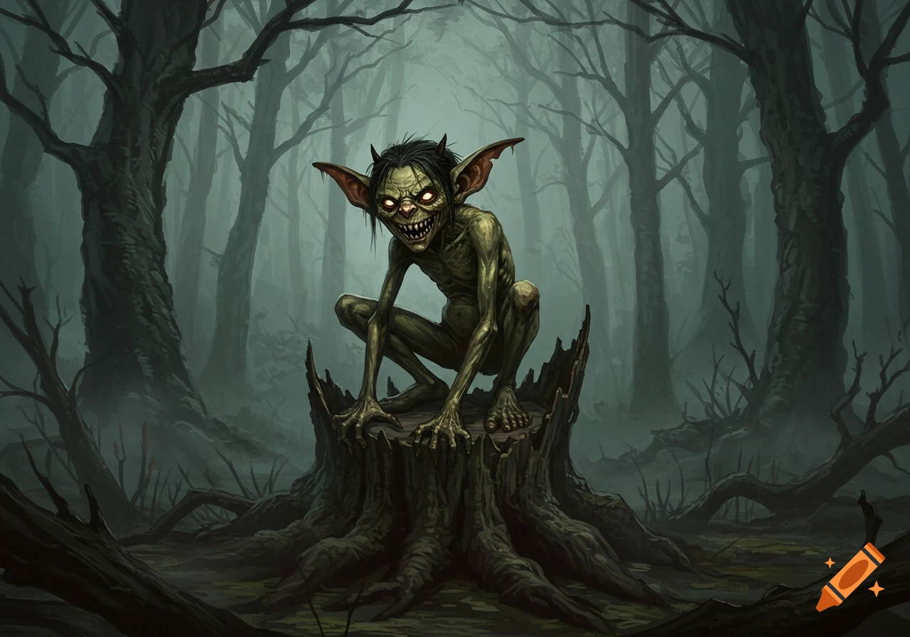 A creepy green goblin with glowing red eyes and sharp teeth perches on a tree stump in a dark, misty forest, rendered in a dark fantasy illustration style.
