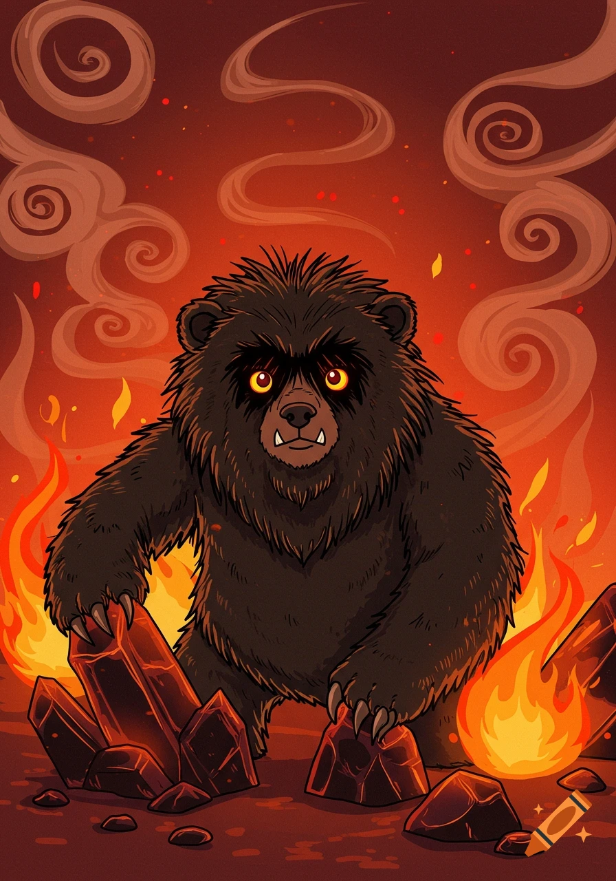 A cartoon hellbear with dark fur and glowing yellow eyes stands menacingly amidst red crystals and flames under a smoky red sky.