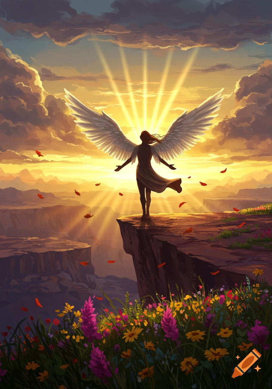 An angelic figure with large white wings stands on a cliff overlooking a vast landscape at sunset, with light rays emanating behind them. Flowers bloom in the foreground, and red petals float in the air.