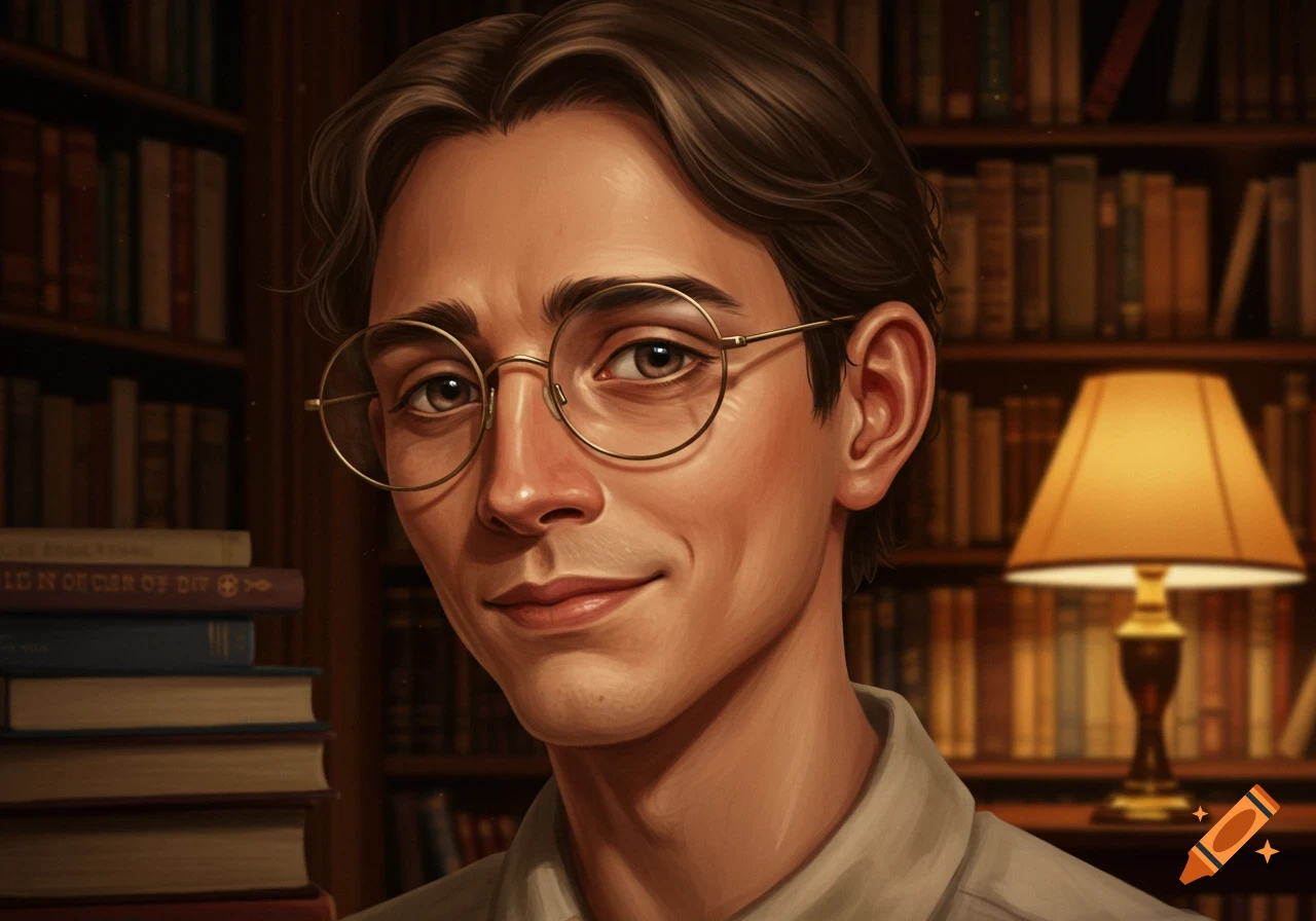 A man with glasses smiling in a library, surrounded by bookshelves and a lamp.