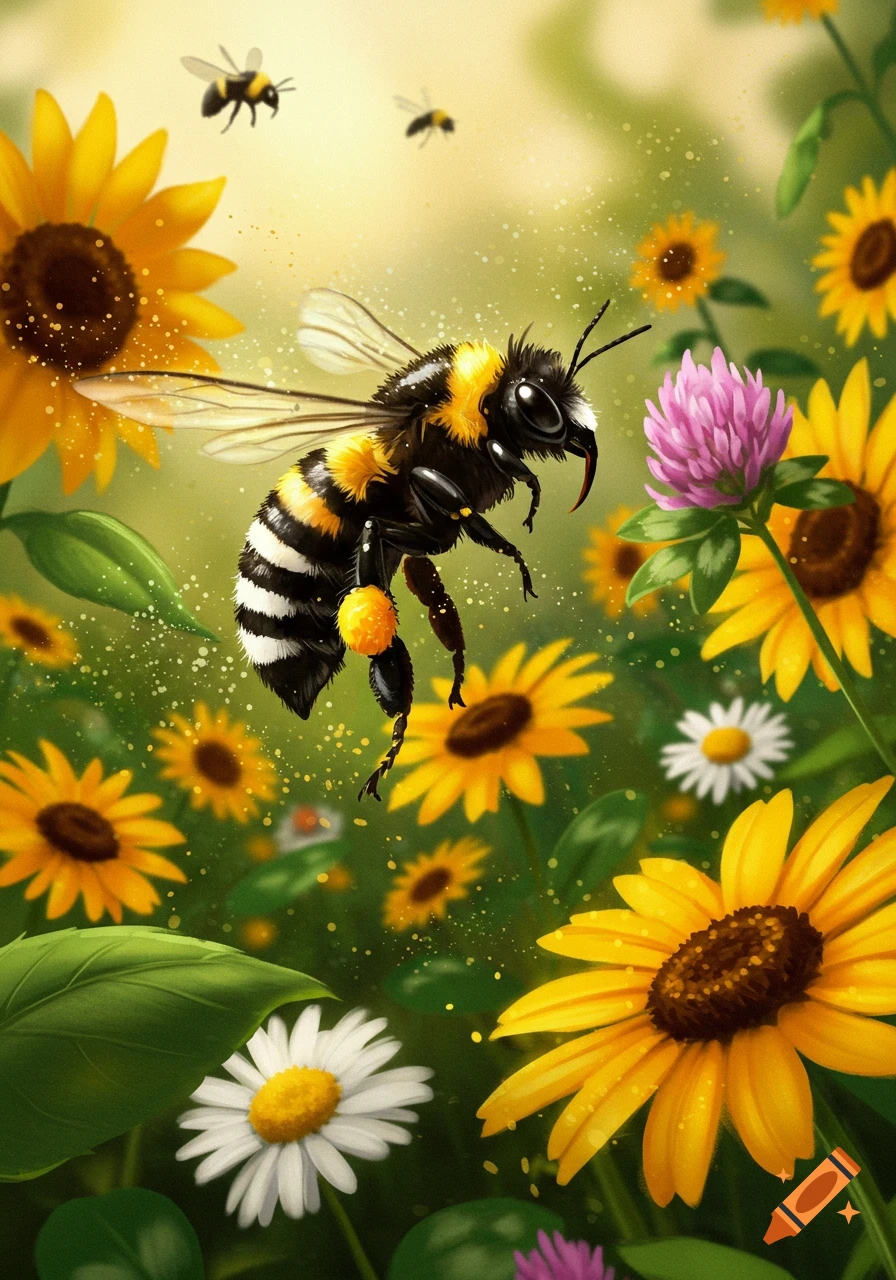 A vibrant illustration of a bumblebee flying among yellow sunflowers, white daisies, and pink clover in a sunny field.