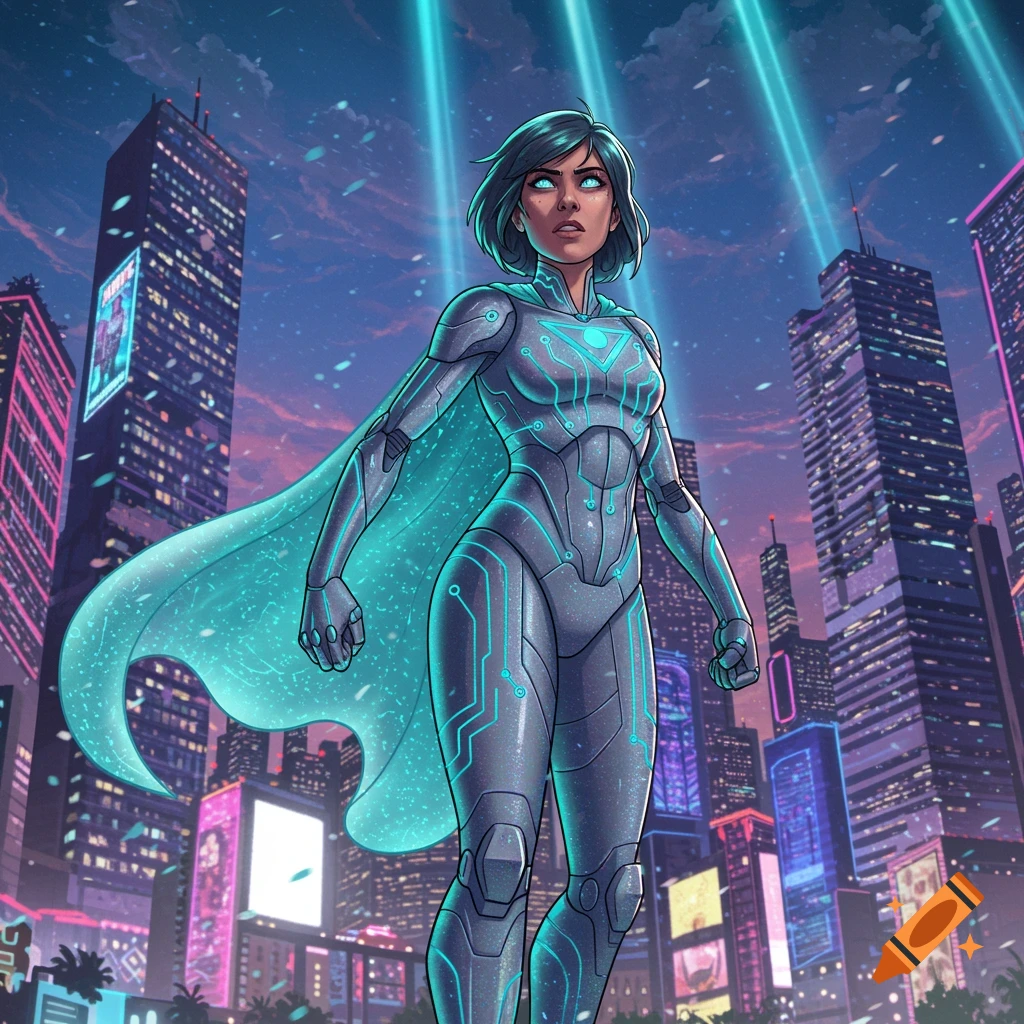 A female superhero in a grey, glowing circuit suit and blue cape stands in a neon-lit futuristic city with light beams from the sky.