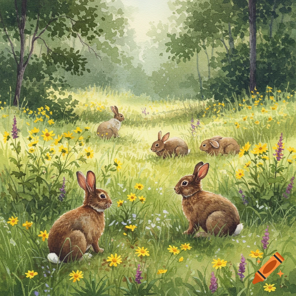 Watercolor painting of several brown rabbits in a sunny, green meadow filled with yellow and purple wildflowers.
