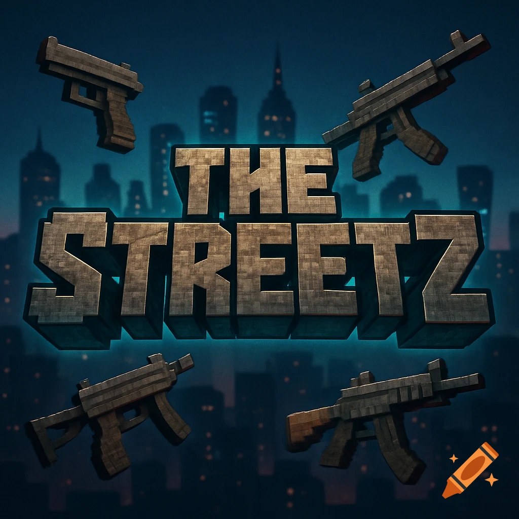 The Streetz logo in blocky Minecraft style, with stylized guns and a dark city skyline background.