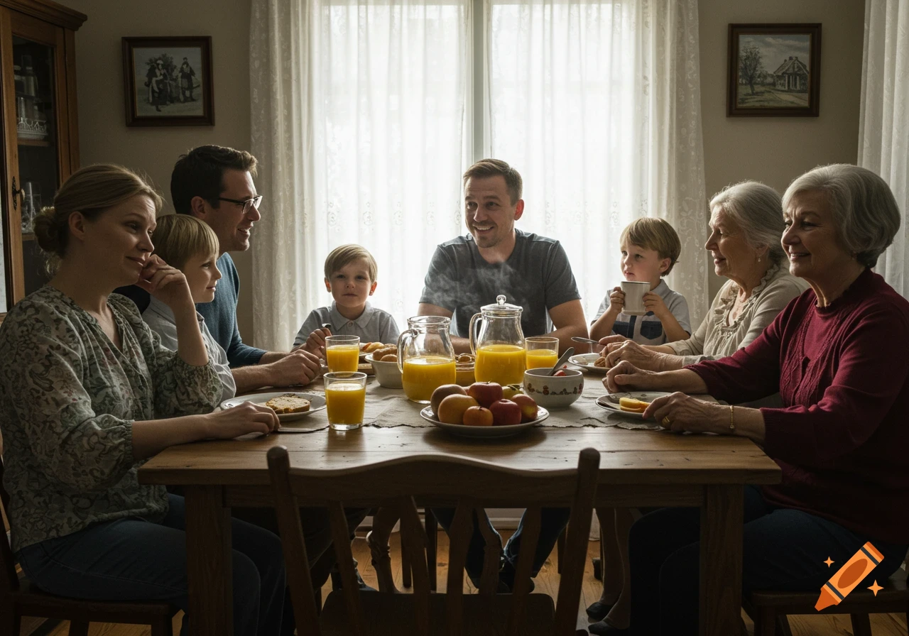 Multi-generational family having breakfast at a wooden table, brightly lit by windows. They are eating fruit, bread, and drinking orange juice.