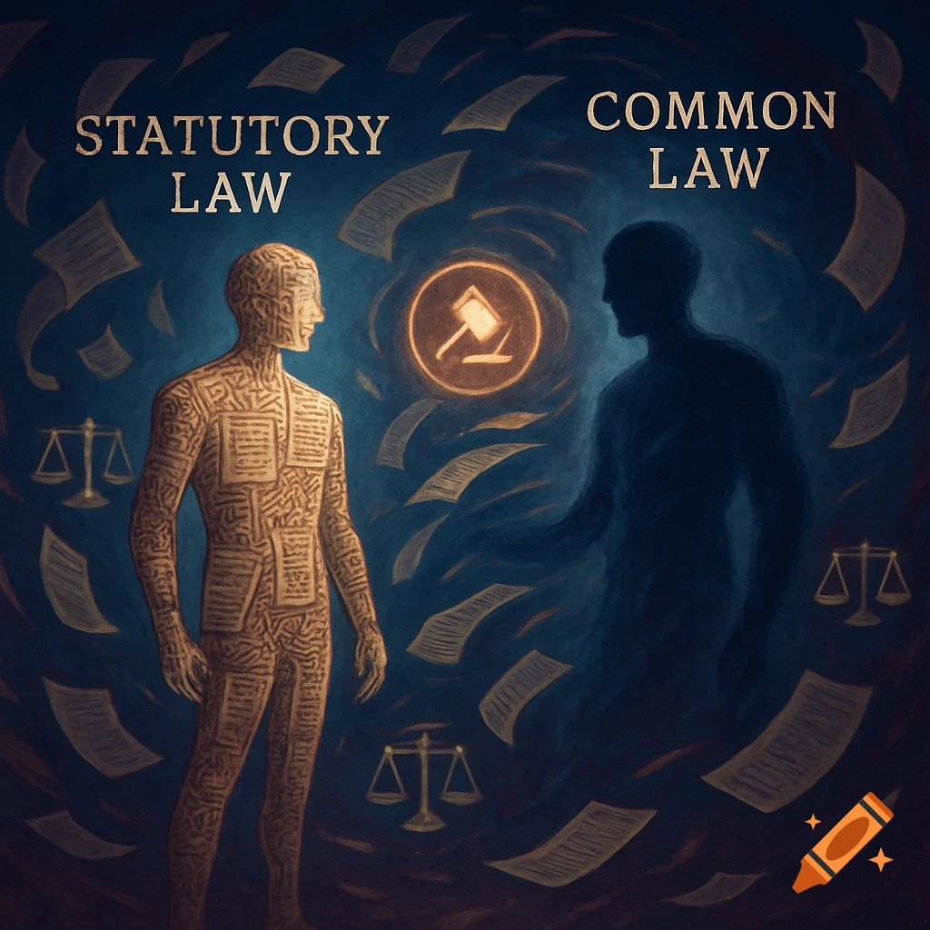 Conceptual art illustrating Statutory Law and Common Law as two figures, surrounded by legal papers and scales of justice.