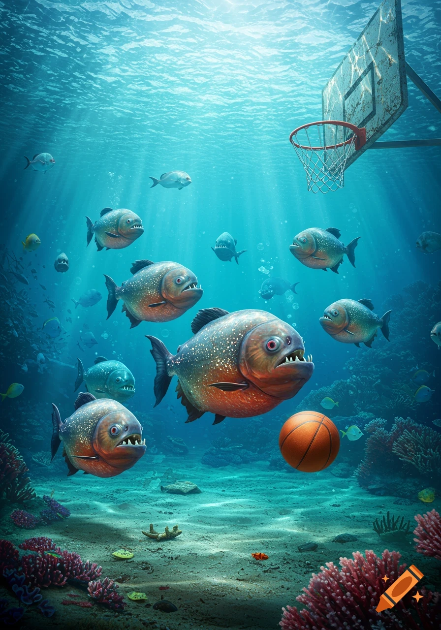 Aggressive piranhas swim around a submerged basketball hoop with a basketball on the seabed in clear blue water.