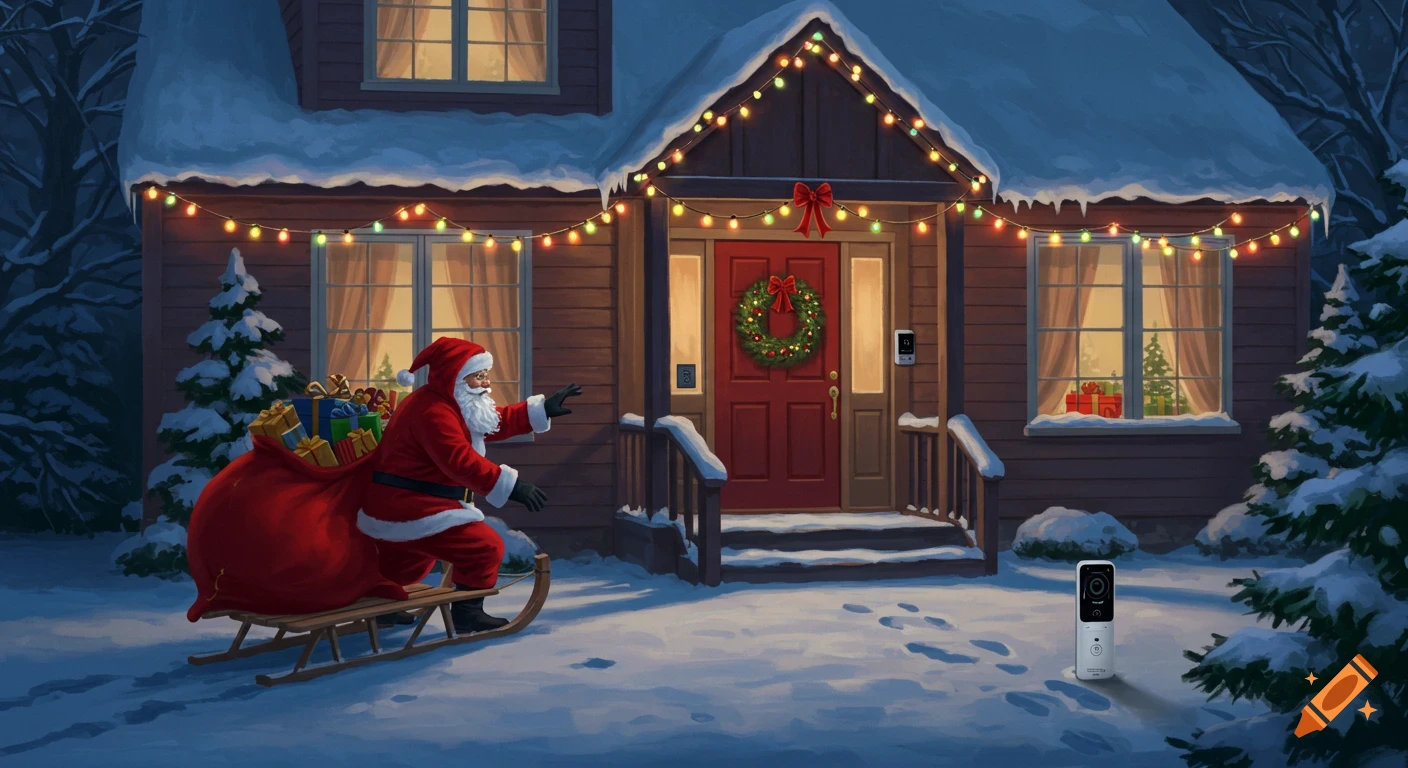 Santa Claus on a sled with a bag of gifts in front of a snow-covered house decorated with Christmas lights and a wreath, with two video doorbells present.