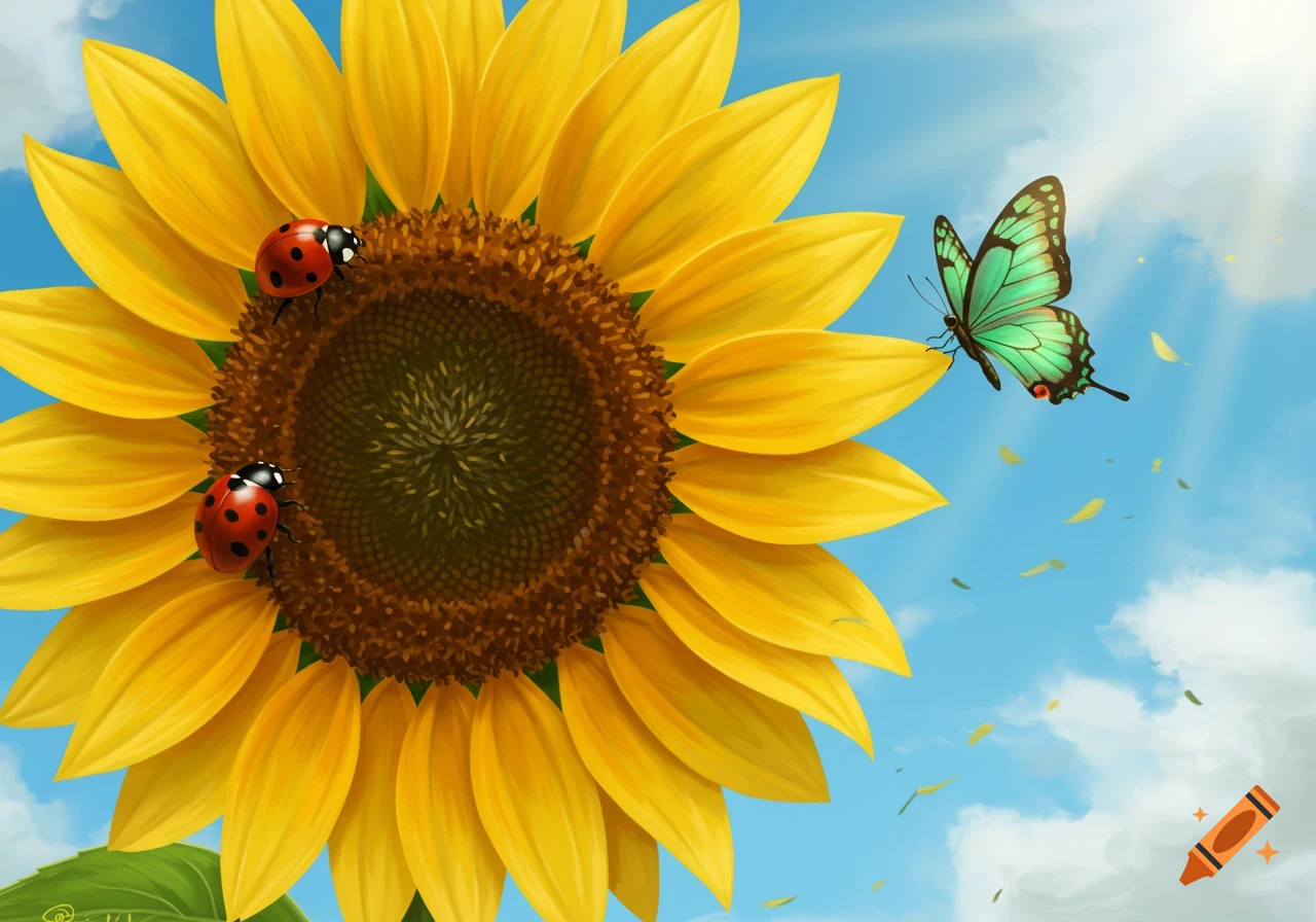 An illustration of a vibrant sunflower with two red ladybugs on its center, and a turquoise butterfly resting on a yellow petal, against a blue sky.