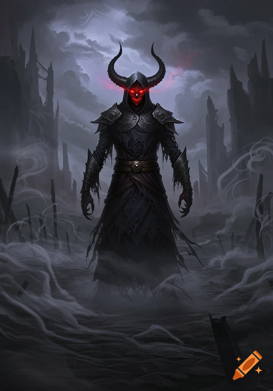 A dark fantasy illustration of a horned demon with glowing red eyes and tattered armor, standing in a misty, ruined landscape.