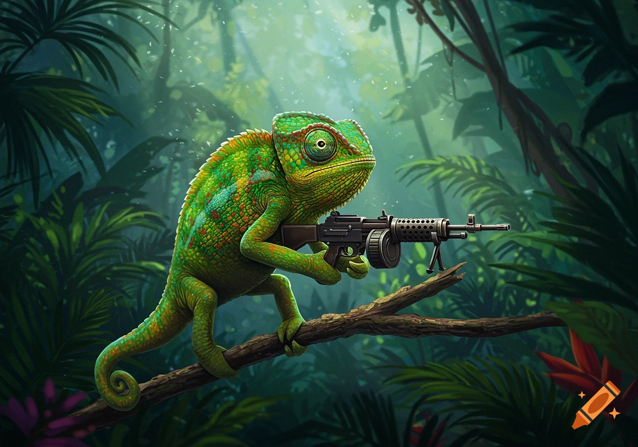 A vibrant green chameleon with a large assault rifle perches on a tree branch in a dense, lush jungle.