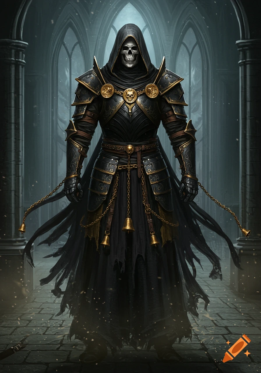 A full-body view of a hooded skeletal warrior in black armor and robes adorned with golden chains and bells, standing in a gothic hall.