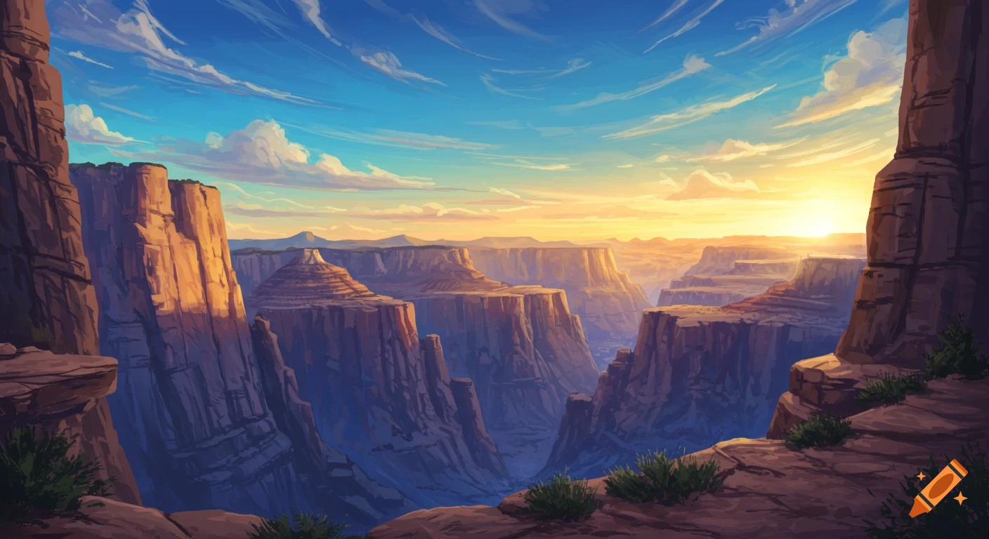 Vibrant stylized illustration of a vast canyon landscape bathed in the warm light of a sunset sky.