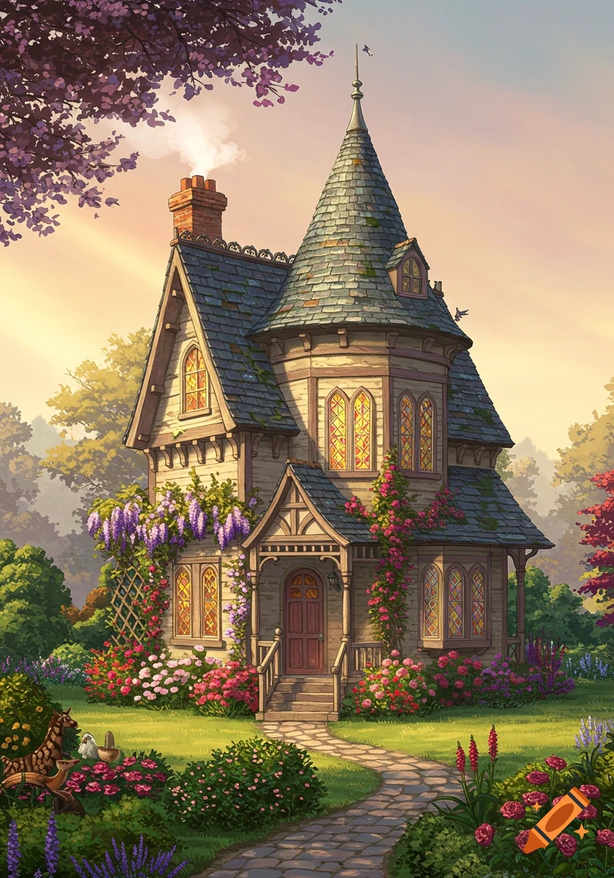 A charming, whimsical house with a tall turret, surrounded by a vibrant garden with colorful flowers and trees, under a warm sky. Illustrated style.