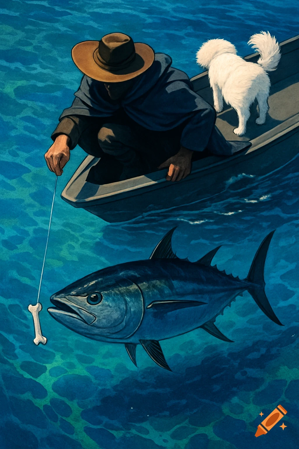 An aerial illustration of a man in a boat fishing with a bone lure for a large tuna, while his white dog leans over the side.