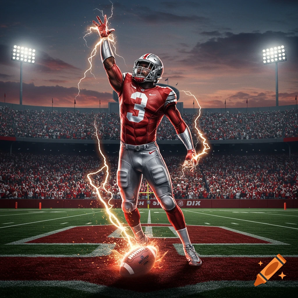 A football player in a red and silver uniform stands on a field, surrounded by lightning, in a stadium at sunset.
