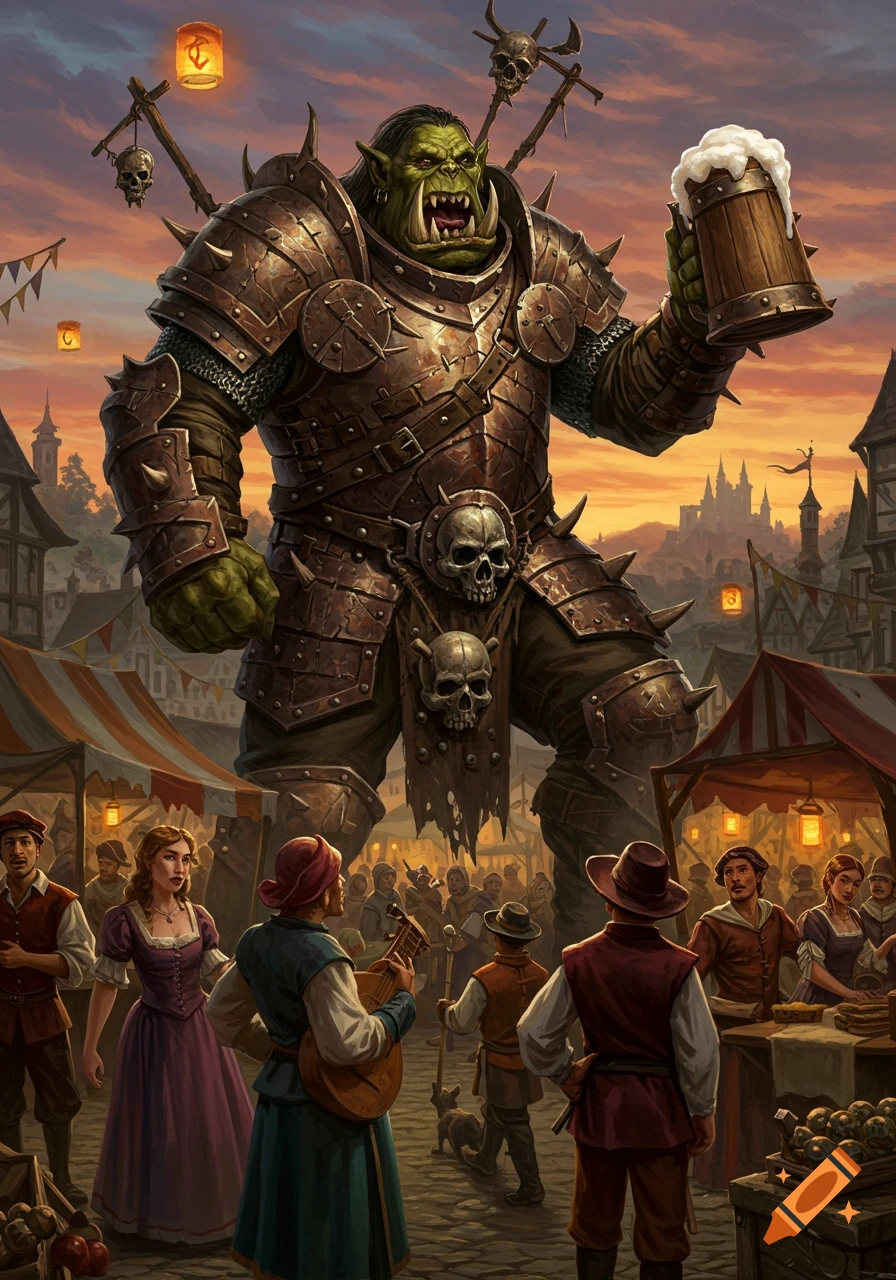 A giant armored orc holding a beer tankard in a bustling medieval market at sunset.