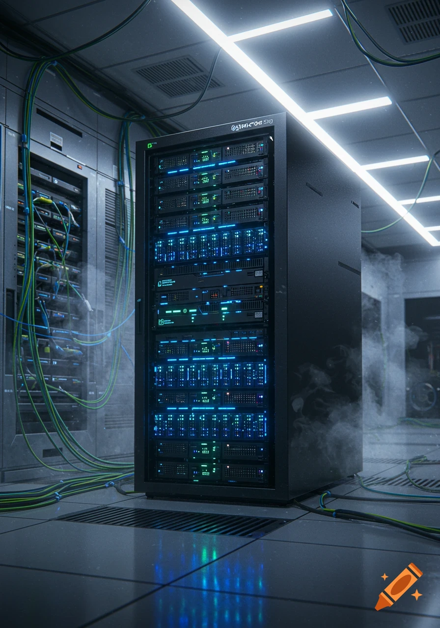 A photorealistic image of a large black server rack glowing with blue and green lights in a dark data center.