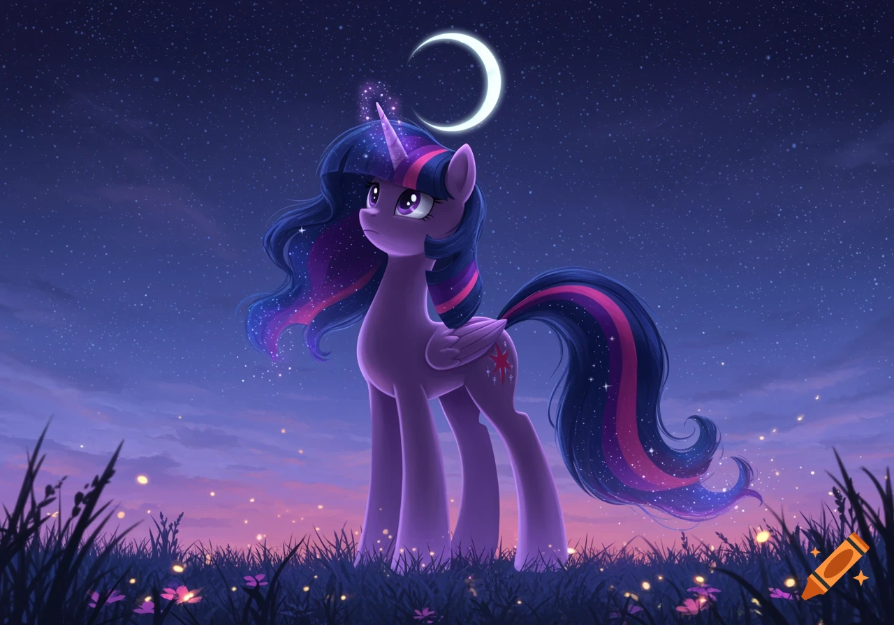 Purple unicorn pony with a starry mane stands in a field at night under a crescent moon.