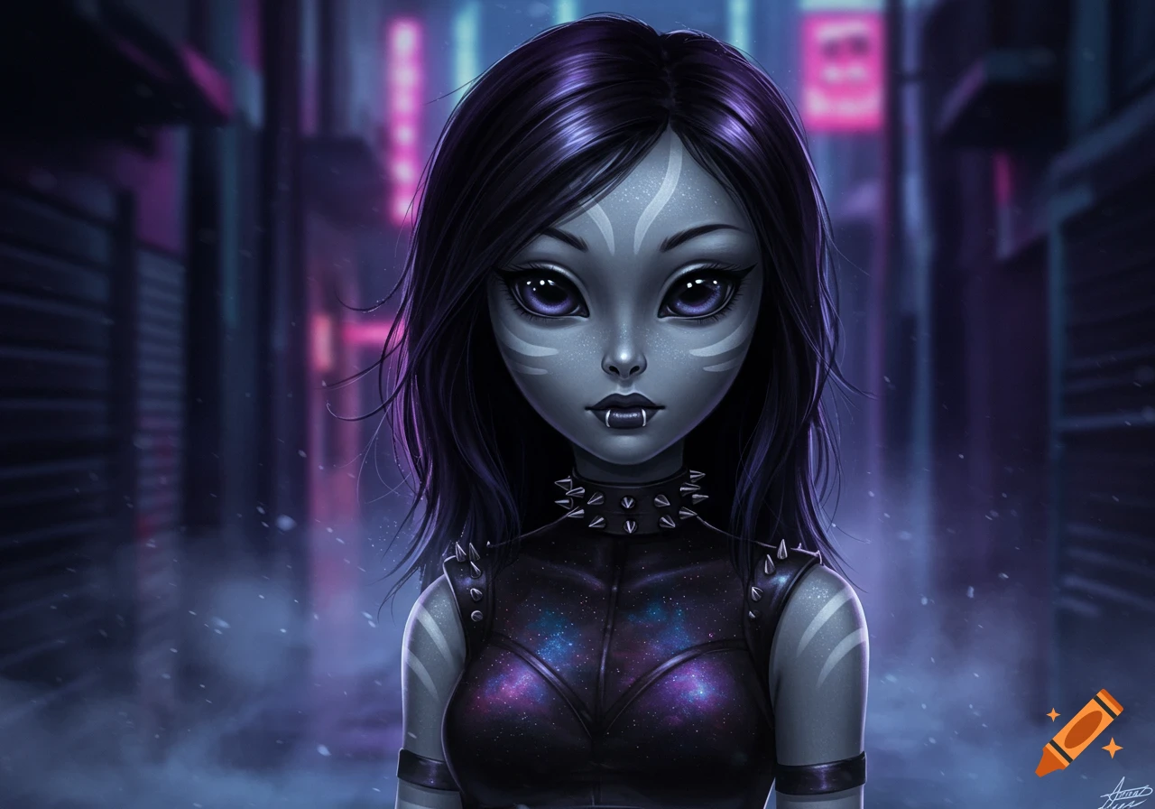 A cute grey alien goth girl with large eyes, face markings, and a spiked collar in a dark cyberpunk city, digital art.