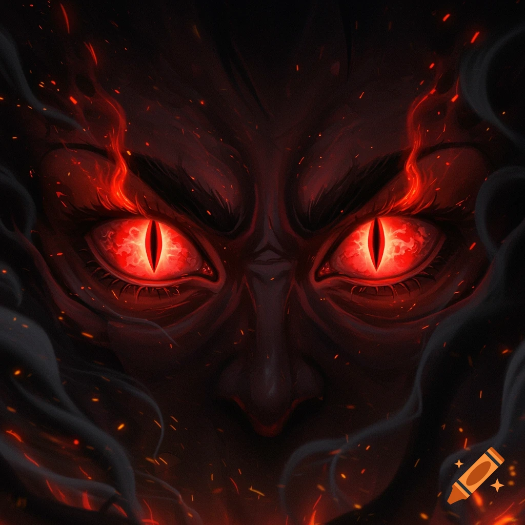 Close-up of a dark, shadowy face with glowing red demon eyes and vertical pupils, surrounded by fiery embers and smoke, digital art style.