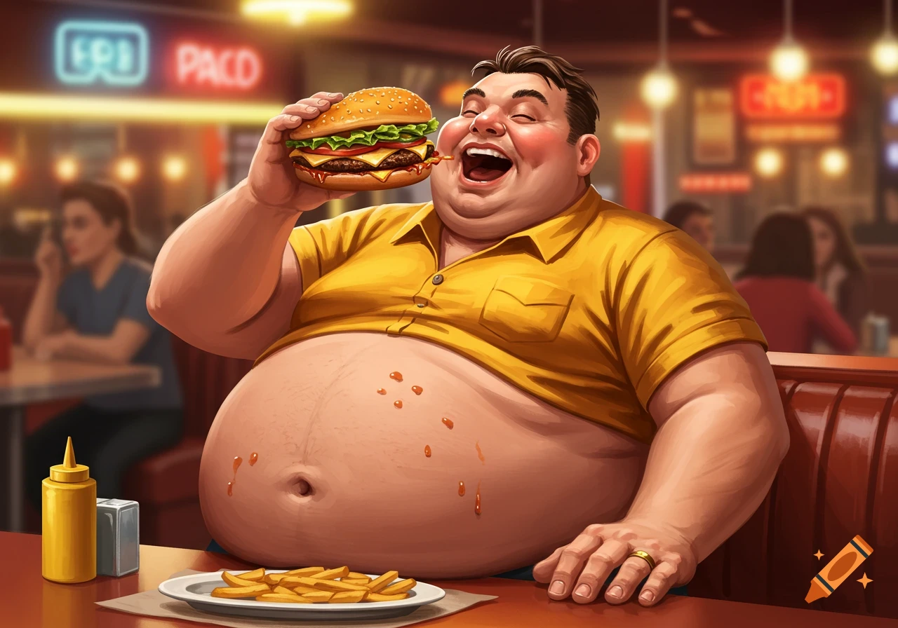 An obese man in a yellow shirt happily eats a large hamburger at a diner table with fries and condiments.