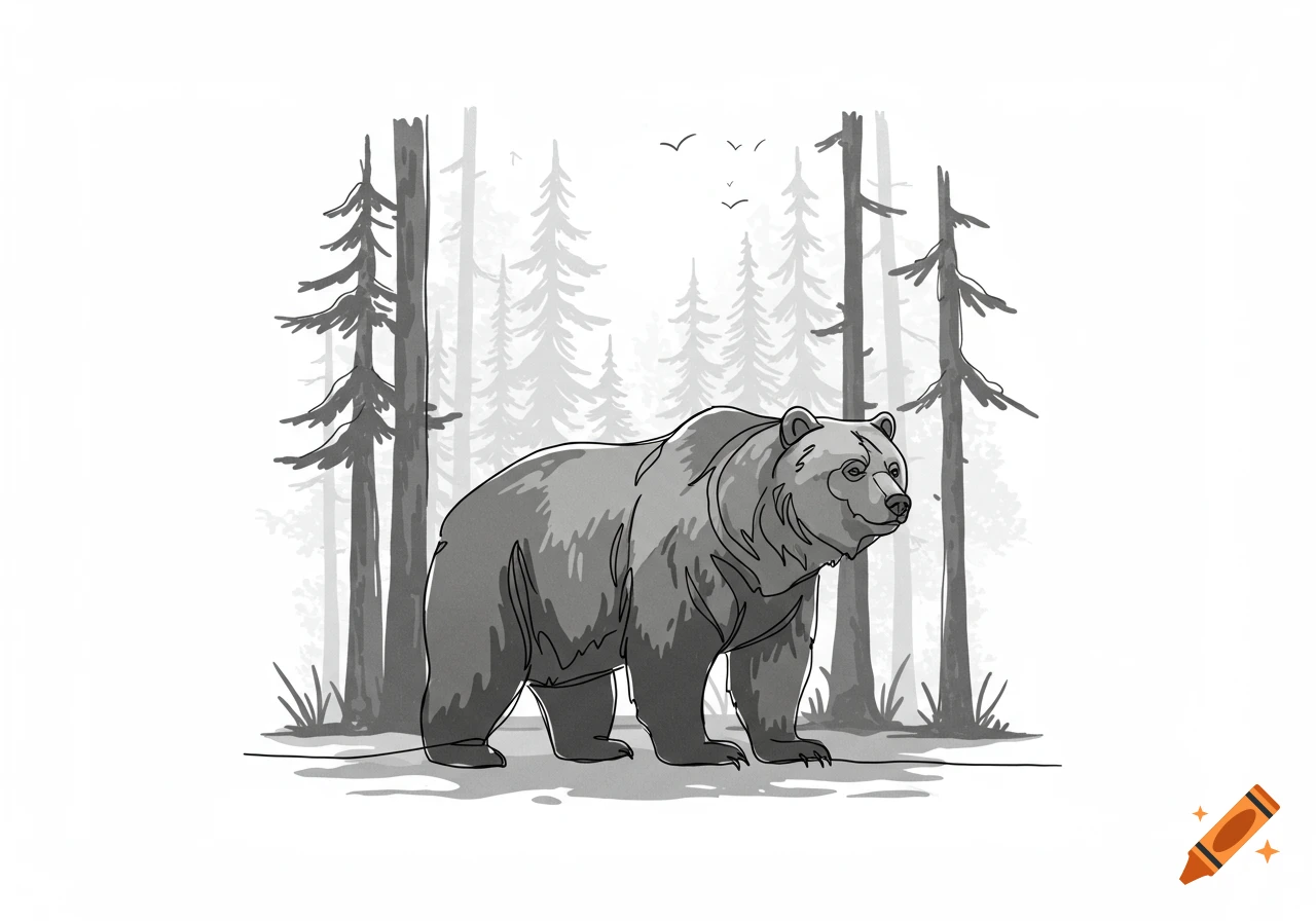 A simple black and white outline illustration of a grizzly bear standing in a forest.