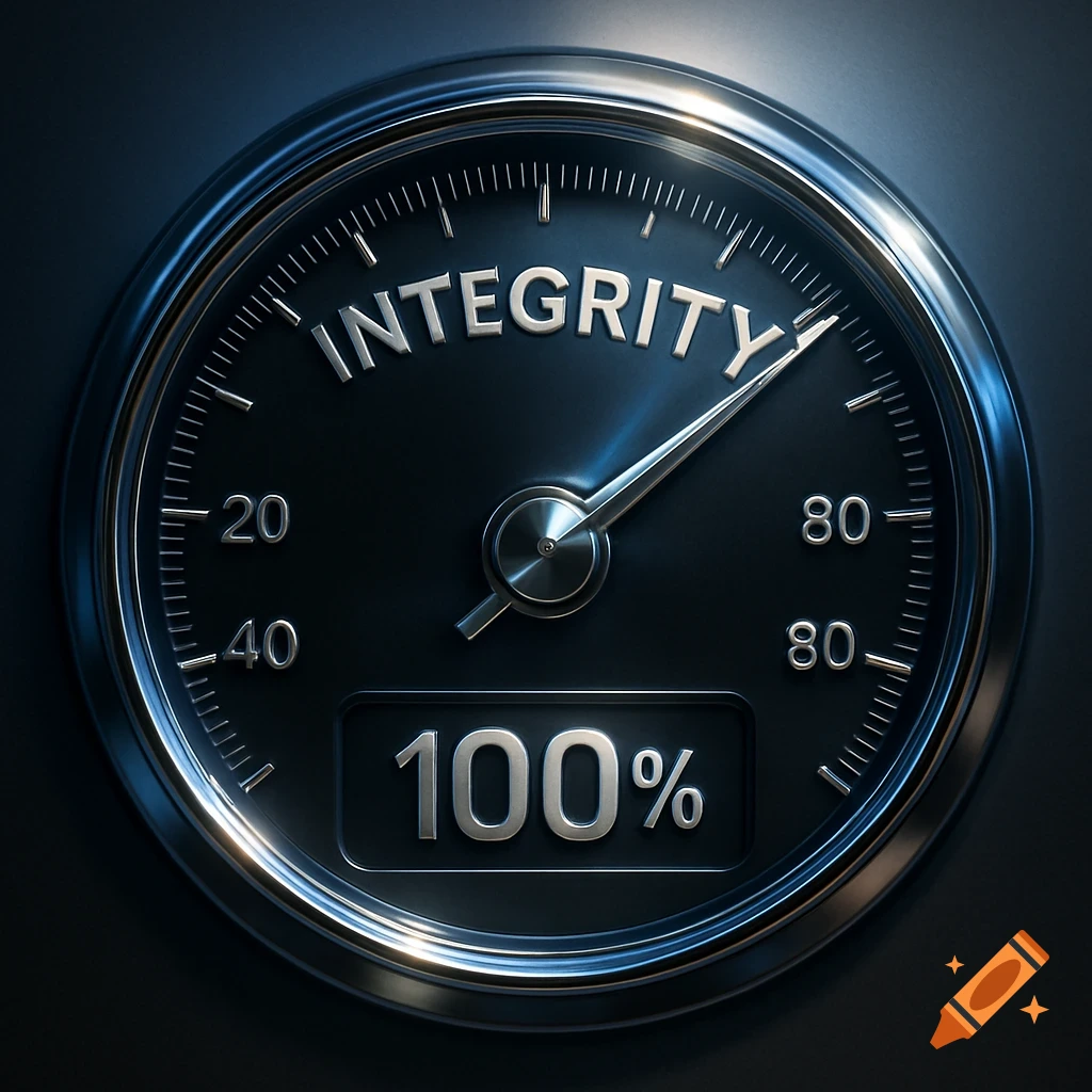A close-up, photorealistic image of a gauge with a needle pointing to 'INTEGRITY' at 100% on a dark background.
