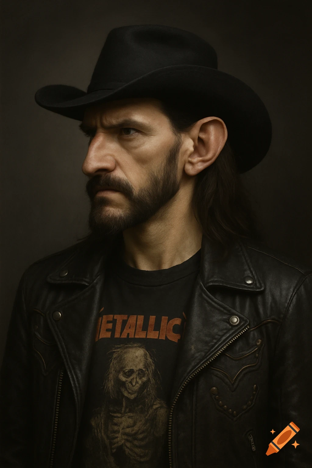 A man with a beard and long hair wears a black cowboy hat, a leather jacket, and a Metallica t-shirt.