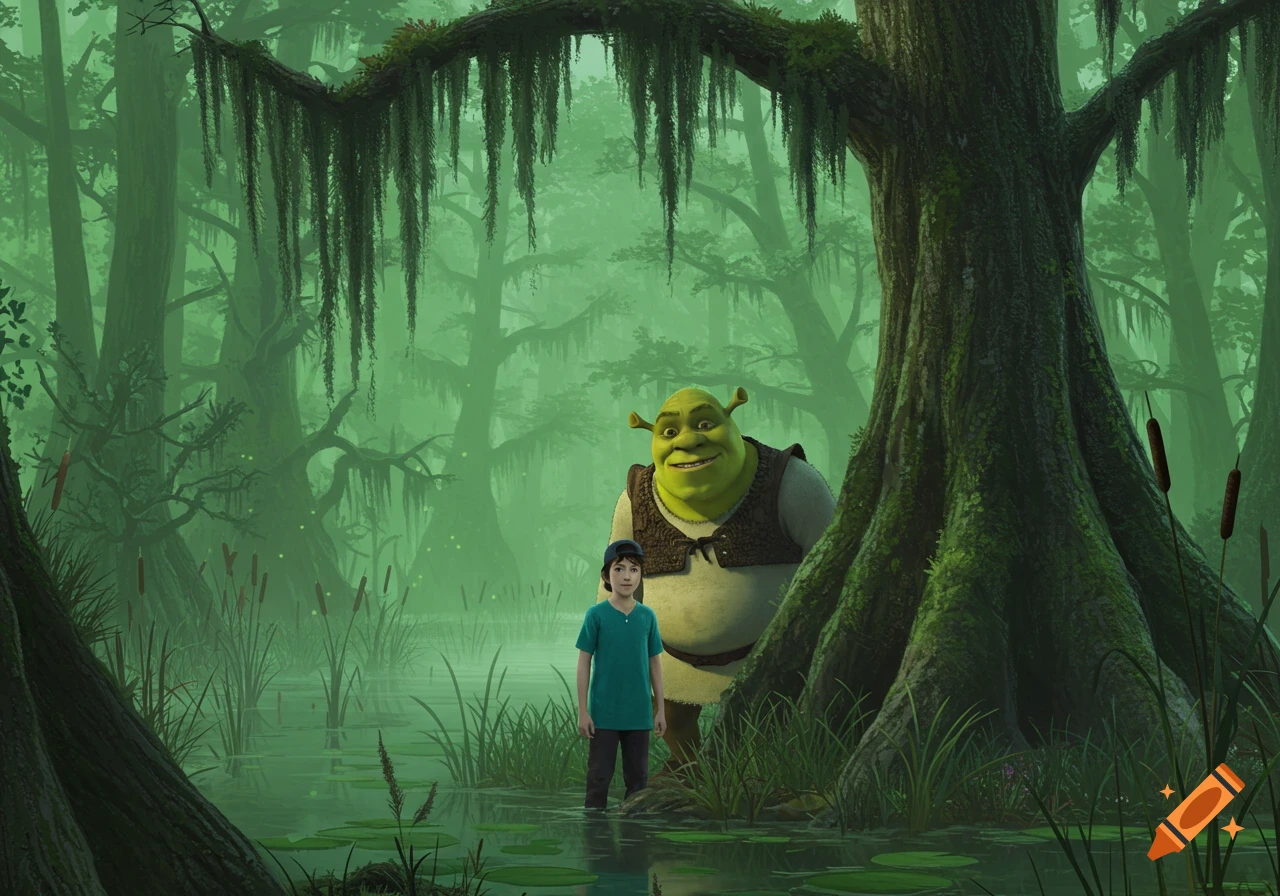 A teenage boy and Shrek stand in a misty, lush swamp with moss-covered trees and lily pads in 3D animated style.