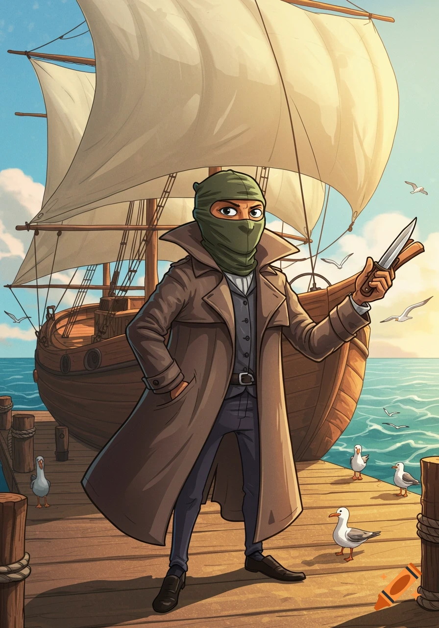 Cartoon character wearing a balaclava and trench coat, holding a knife on a pier next to a sailboat.