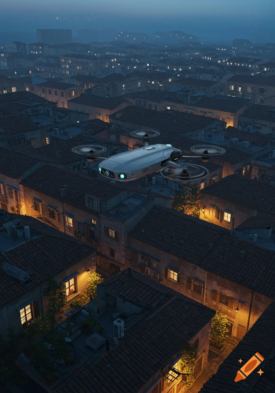 A futuristic drone with glowing lights flies over a dense, dimly lit urban neighborhood at dusk. Photorealistic style.