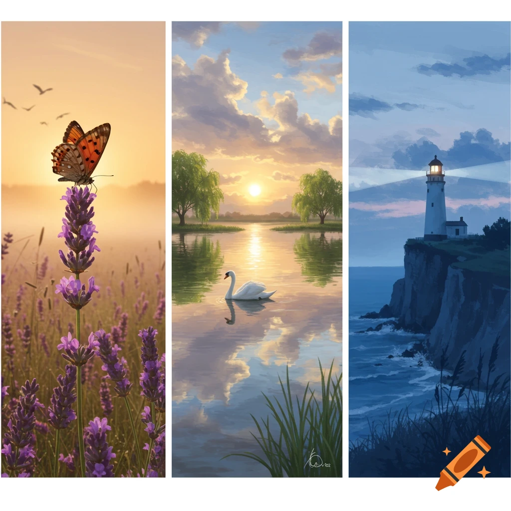 A triptych of a butterfly on lavender at sunset, a swan on a lake at sunset, and a lighthouse on a cliff at night, in a painterly style.