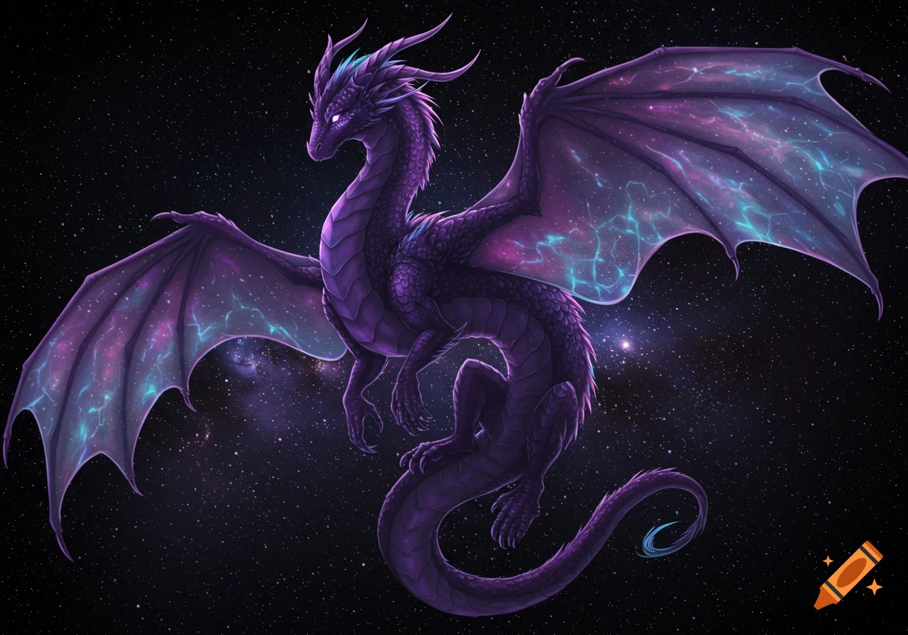 A majestic purple dragon with galaxy-patterned wings hovers in a starry cosmic background.
