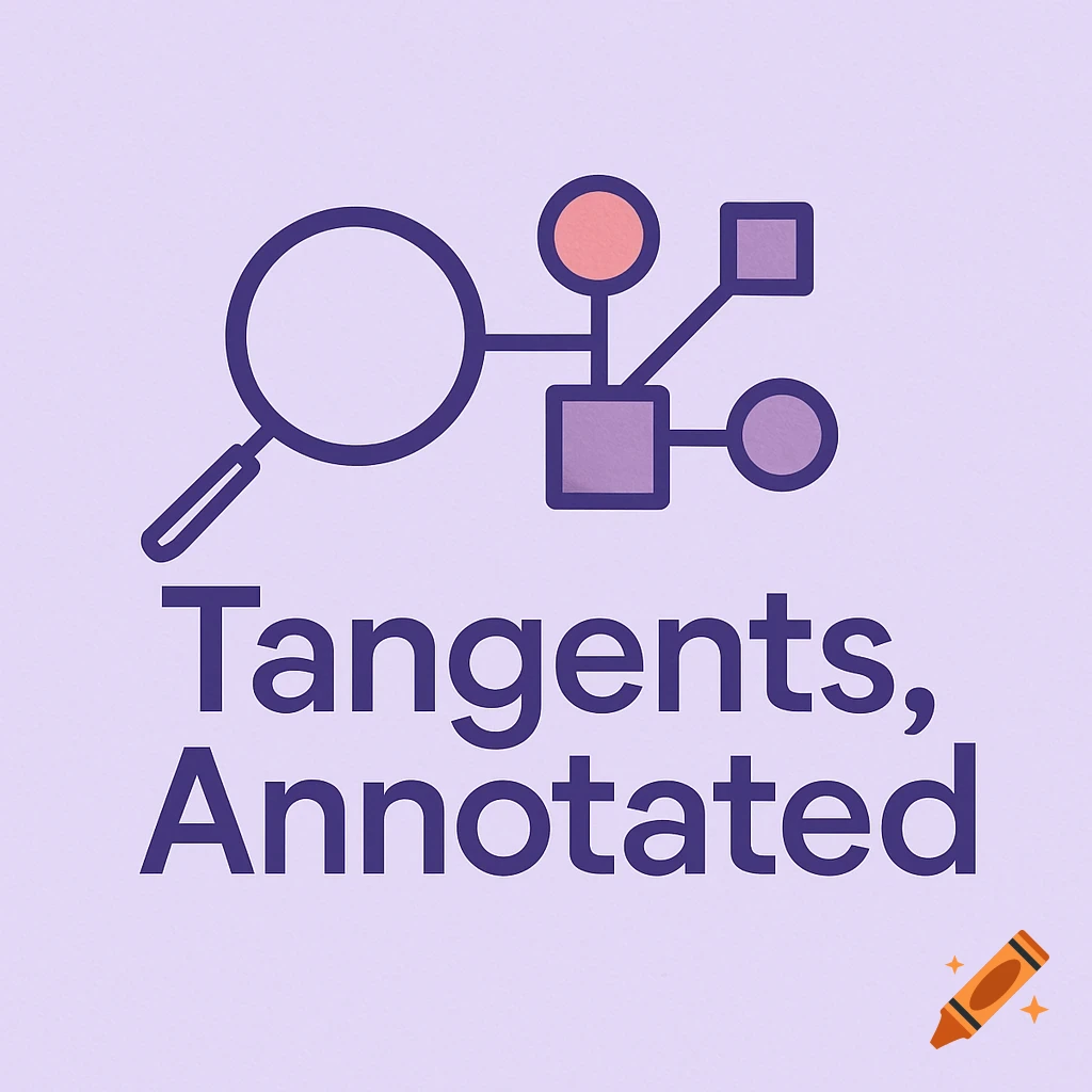 A logo on a light purple background featuring a magnifying glass, abstract connected shapes in purple and orange, and the text "Tangents, Annotated" below.