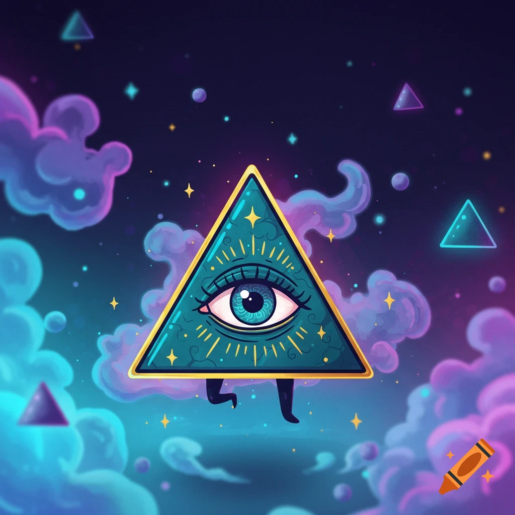 A cartoon all-seeing eye within a golden triangle, with small legs, floating in a cosmic sky with purple clouds and stars.