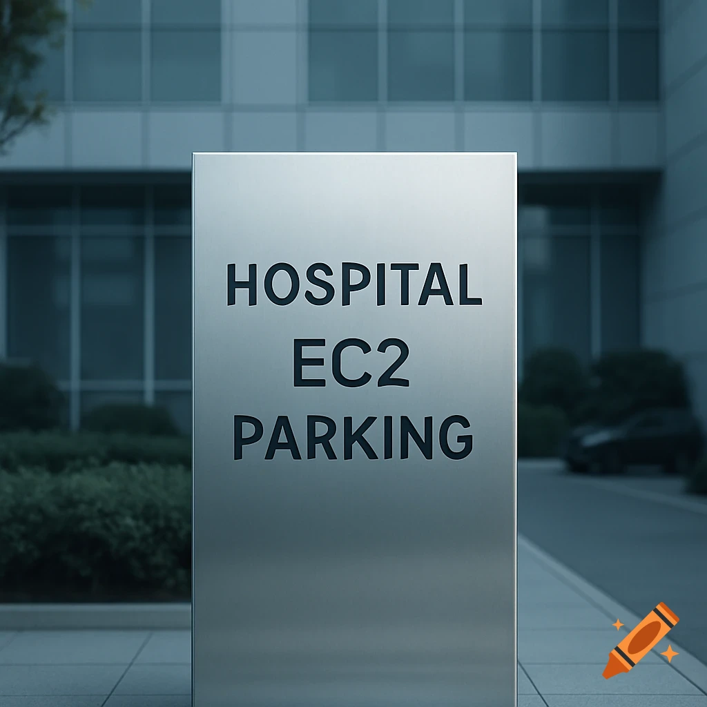 A silver sign in front of a modern hospital building reads 'HOSPITAL EC2 PARKING' in black capital letters.