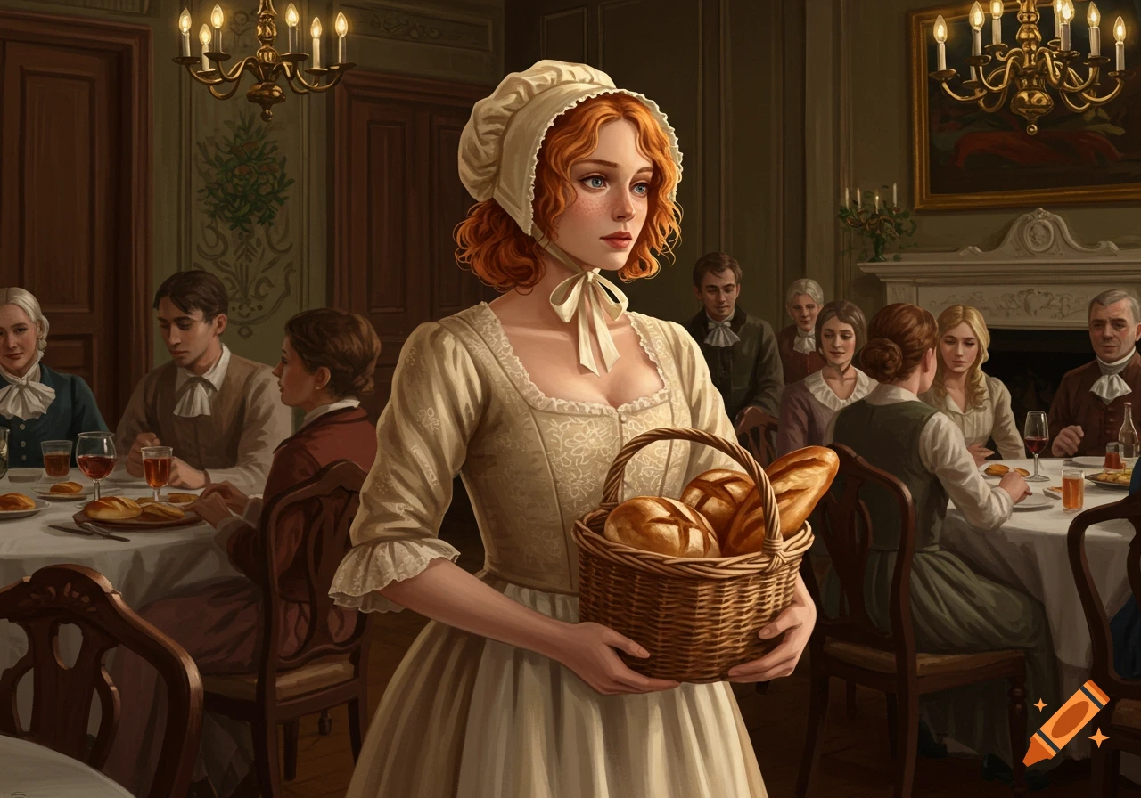 A red-haired woman in a colonial dress and bonnet carries a basket of bread at a fancy dinner party, other guests seated at tables.