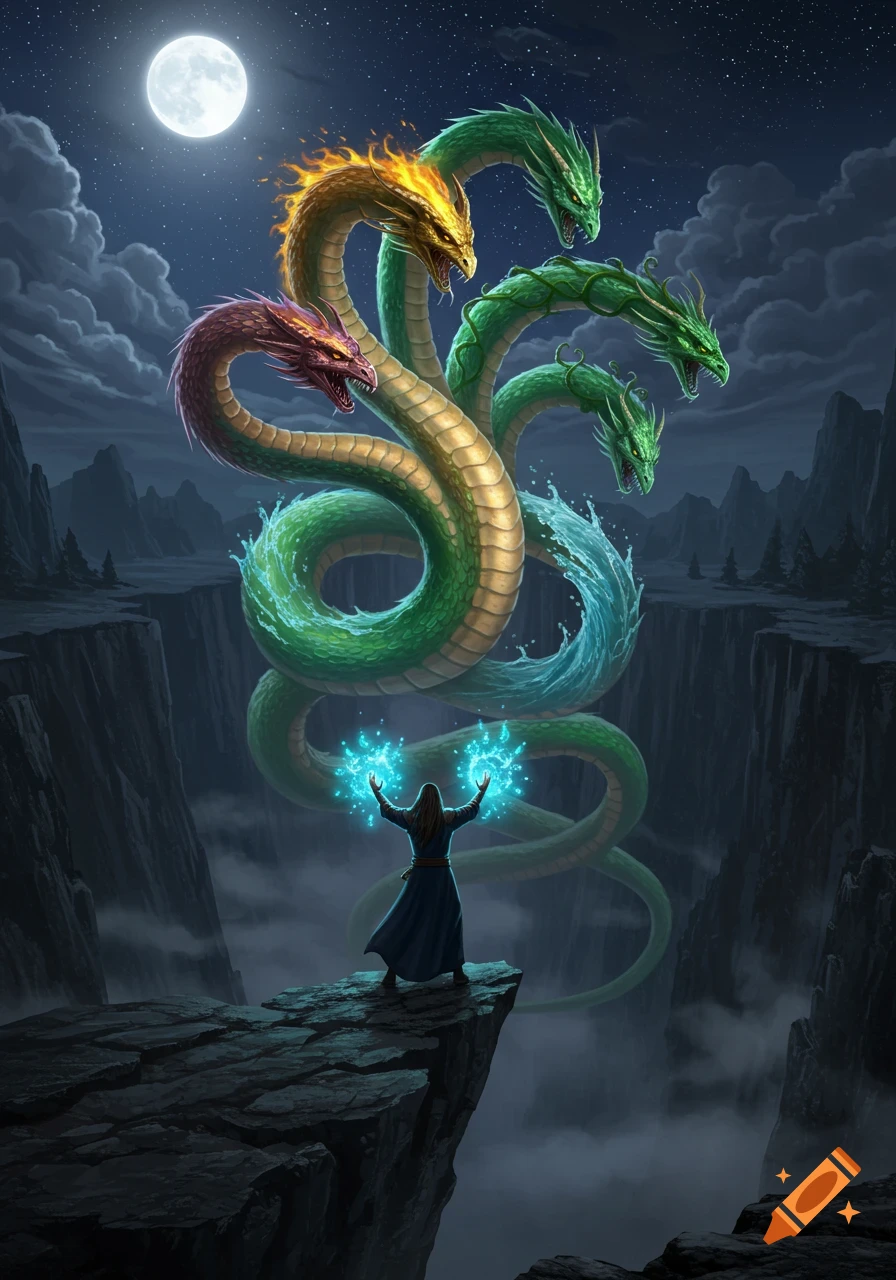 A wizard stands on a cliff, casting spells at a giant multi-headed hydra under a full moon in a dramatic fantasy landscape.
