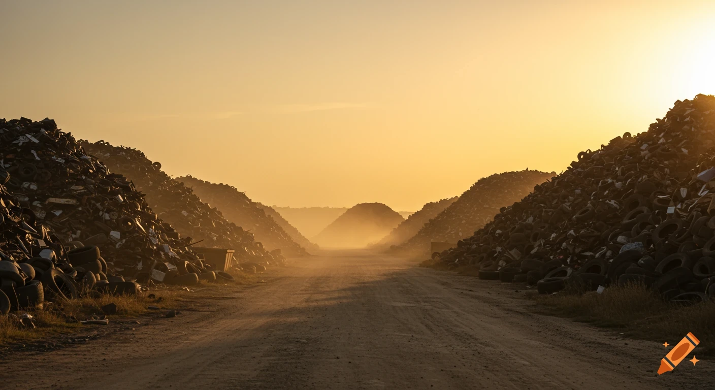A hazy, golden hour view of a dirt road cutting through massive piles of scrap metal and tires at a junkyard.