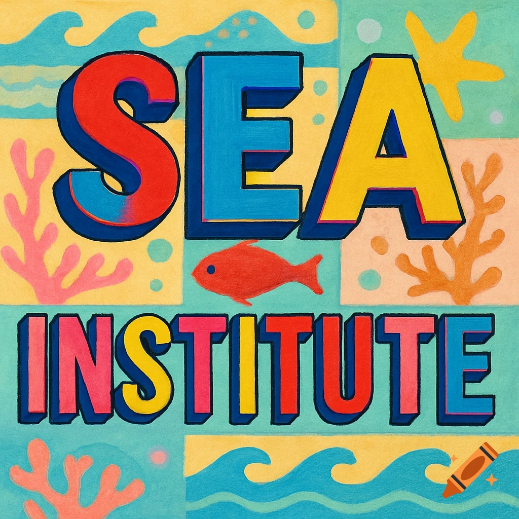 Vibrant pop art illustration of the words 'SEA INSTITUTE' in large, colorful block letters, with ocean elements like a fish, coral, and waves.