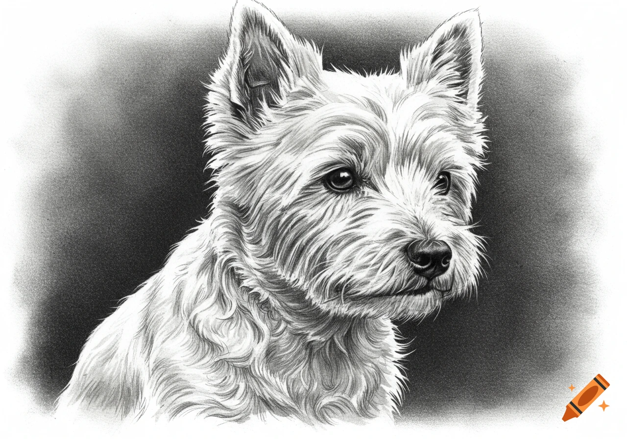 Detailed pencil drawing of a white Westie dog with perked ears, looking slightly to the right.