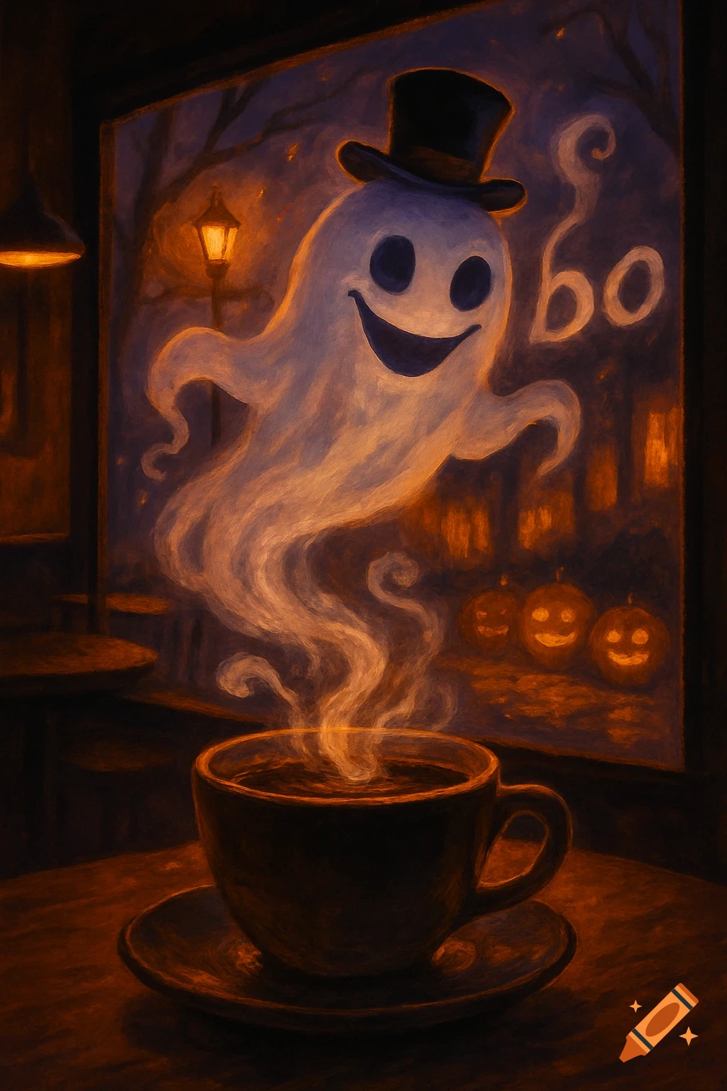A friendly ghost wearing a top hat emerges from steam rising from a cup of coffee, with "boo" written on a window showing a spooky street with jack-o'-lanterns, in a painterly style.