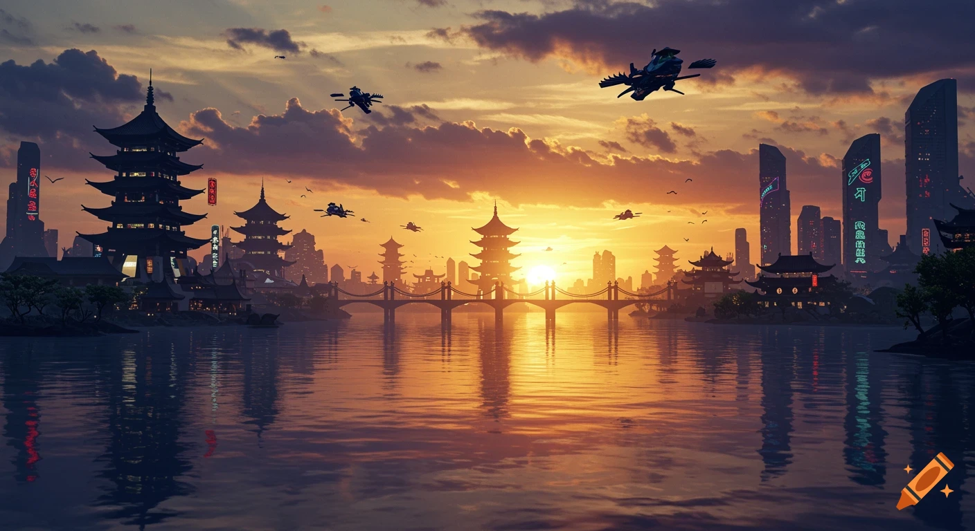 A vibrant futuristic city at sunset, featuring traditional Japanese pagodas alongside neon-lit skyscrapers, with flying vehicles over a reflective body of water.
