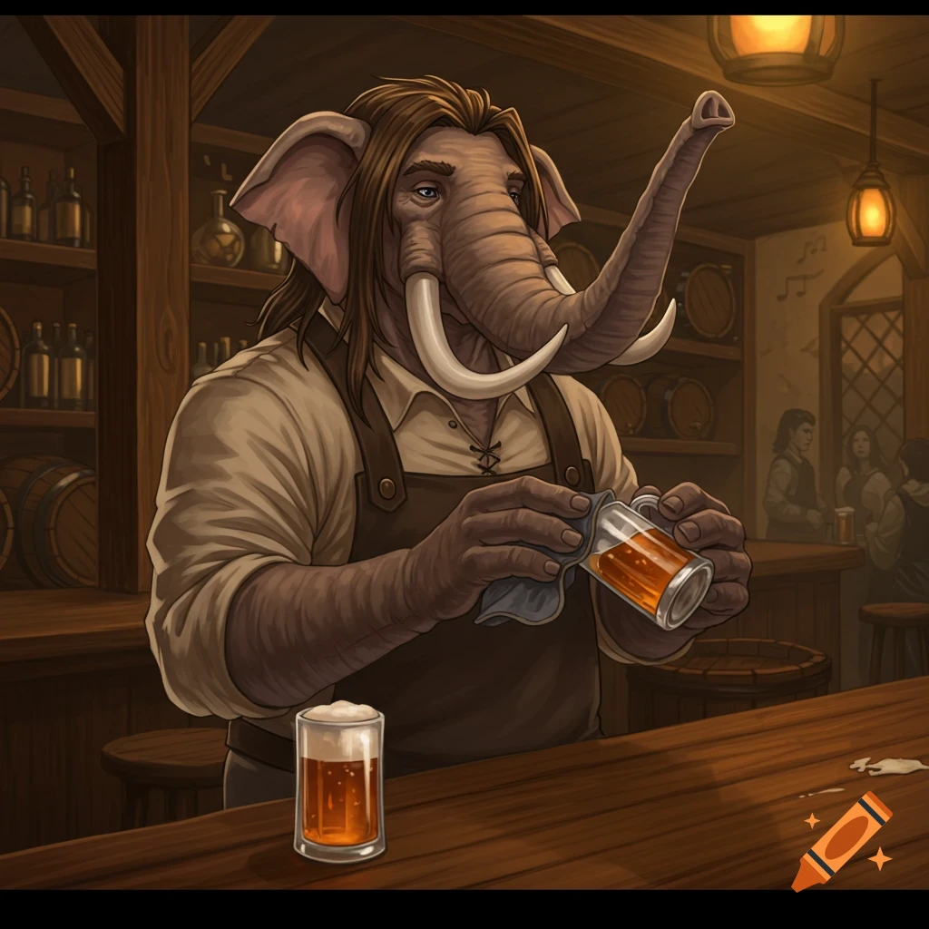 An anime-style illustration of an anthropomorphic elephant man bartender with long brown hair, wiping a glass in a rustic tavern.