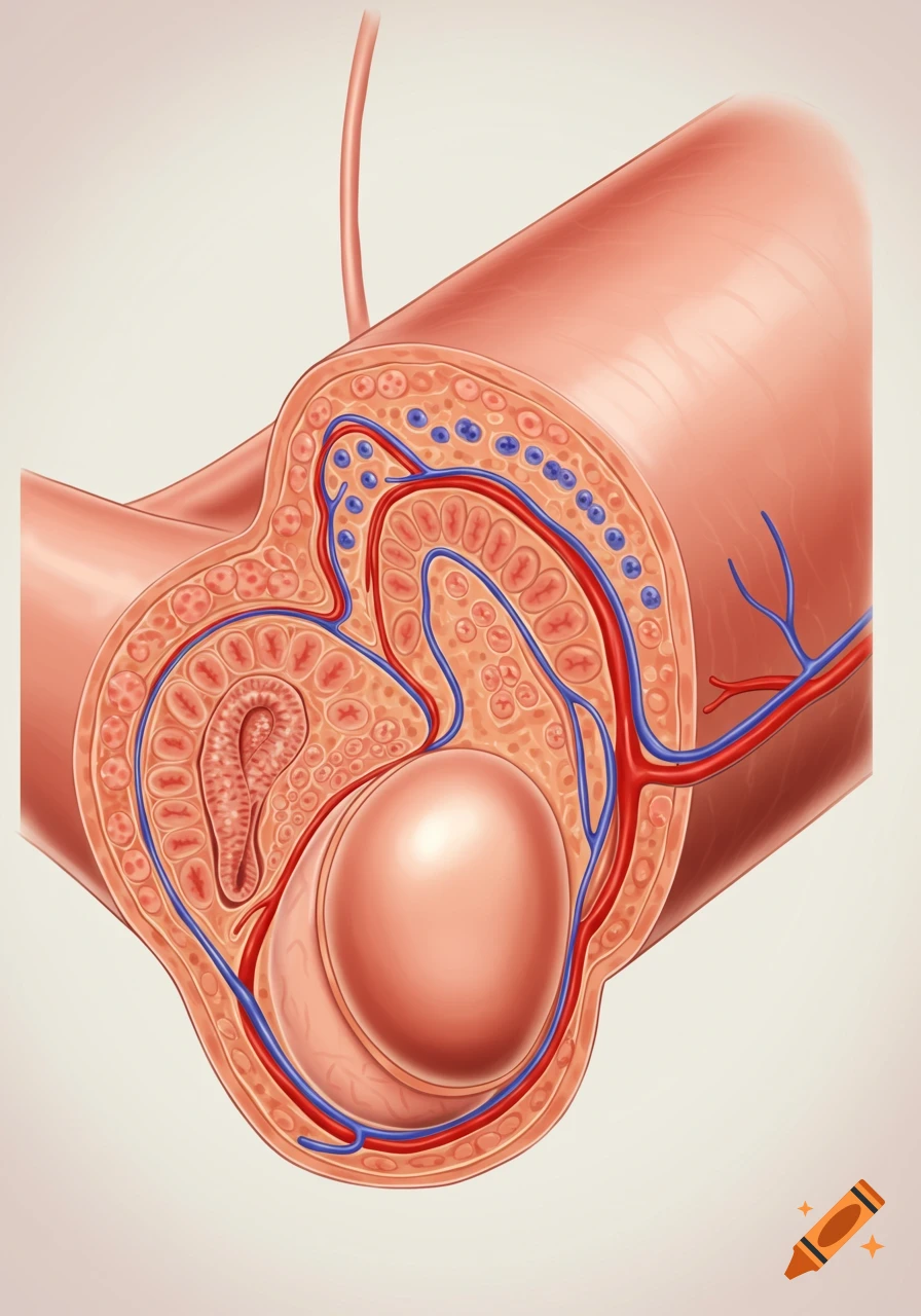 Detailed anatomical illustration of the layers covering a testicle, showing blood vessels and internal structures.