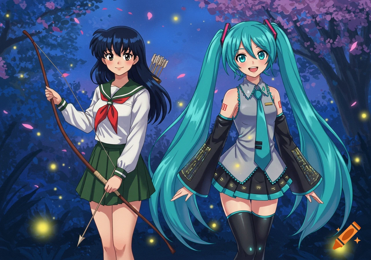 Anime illustration of Kagome Higurashi with a bow and arrow and Hatsune Miku in a mystical forest at night.