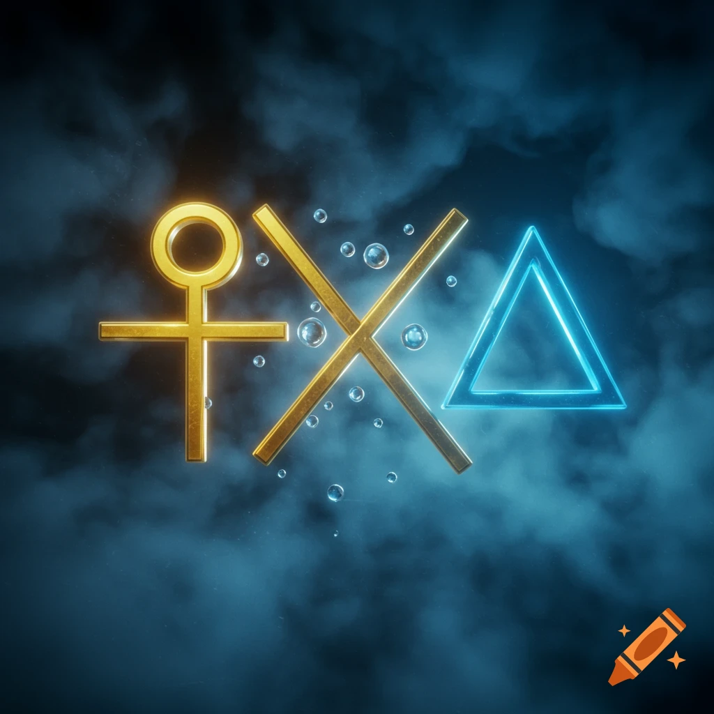 Golden ankh and cross symbols with a glowing blue triangle against a dark, smoky background with bubbles.