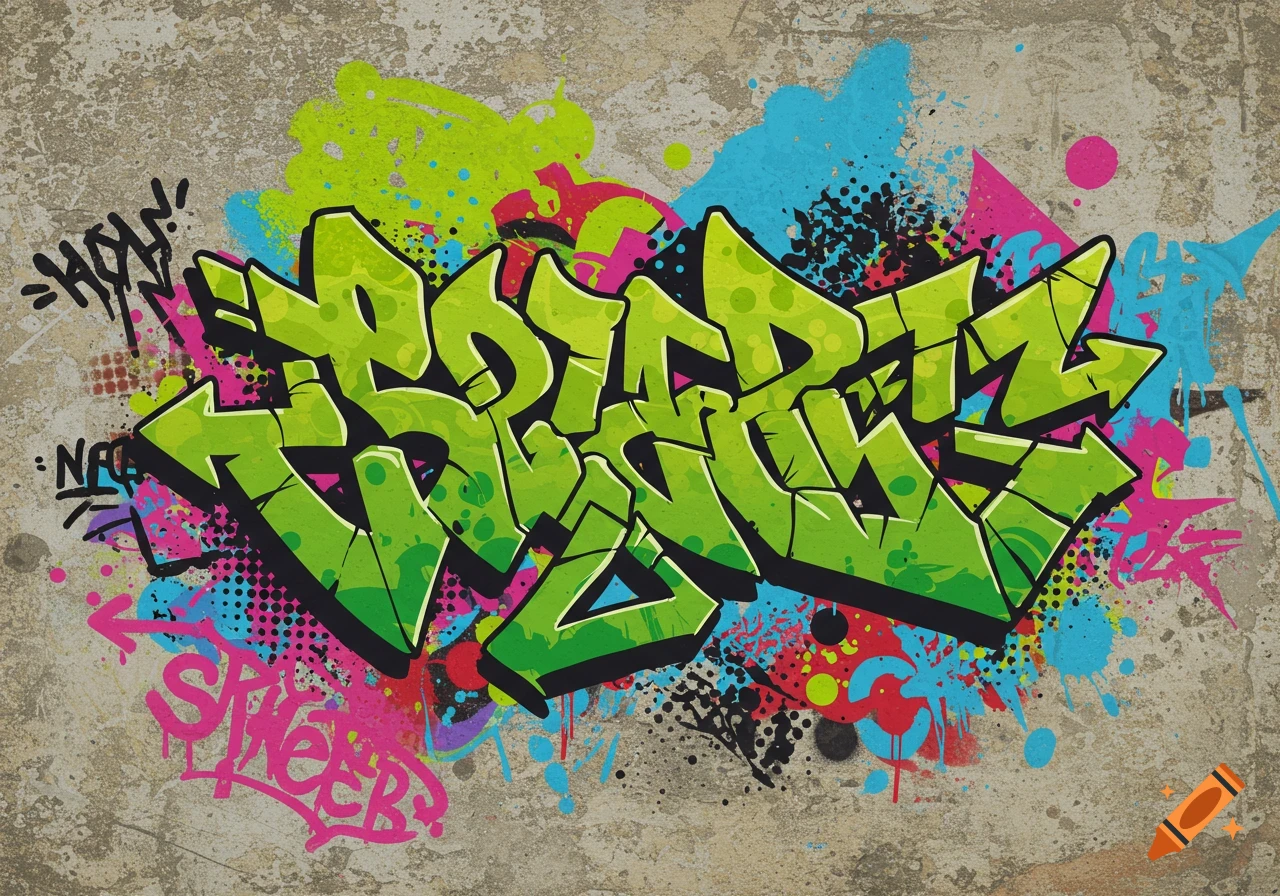 Vibrant green graffiti art with black outlines and colorful splatters on a textured concrete wall, featuring stylized letters and smaller tags.